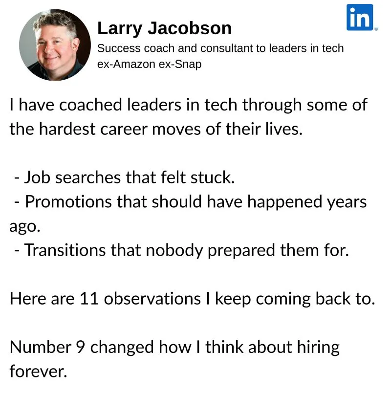 Eleven patterns I have seen repeatedly while coaching senior engineers, product leaders, directors, and VPs. I wish someone had told me number 9 when I was on the hiring side.