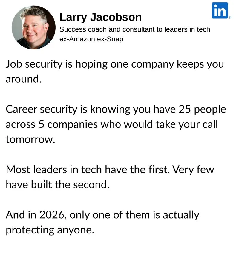 After the 2026 cuts at Amazon, Meta, and Oracle, most tech leaders are still clinging to the old idea of job security. Here is the mindset that actually protects you — plus a simple way to measure where you stand right now.