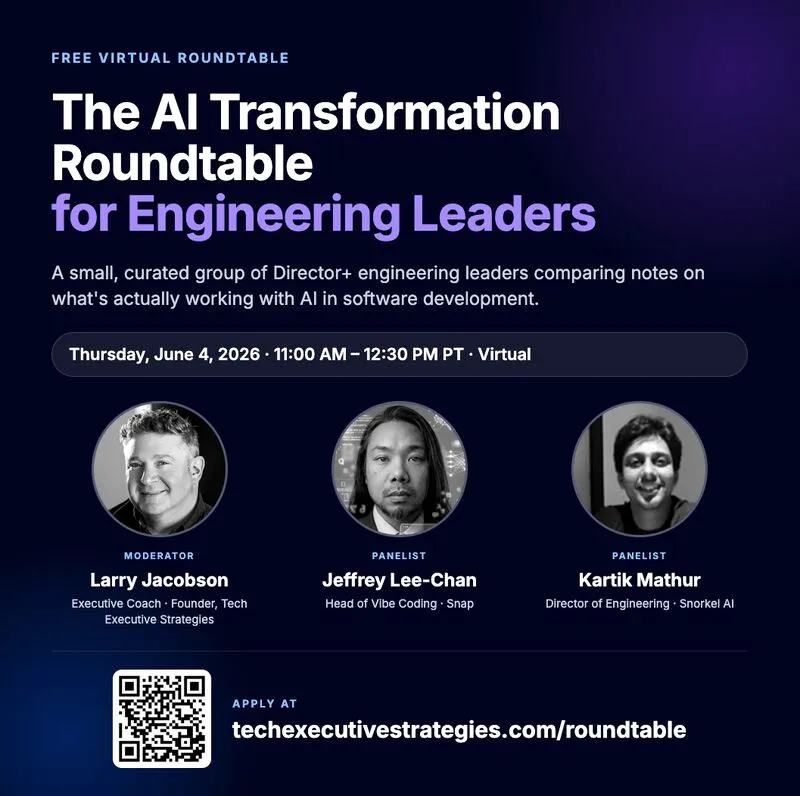 A free, off-the-record, peer-to-peer session for Director+ engineering leaders making decisions around AI adoption. Curated group of 10, no sales pitches, real questions, hard-won lessons.