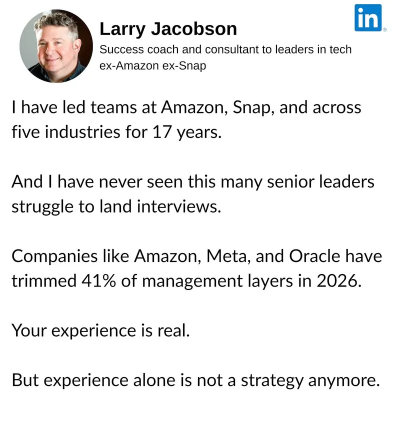 41% of companies have cut management and leadership layers this year. Most senior leaders on the market are running the same playbook they would have run in 2021 — and stalling for 6 to 9 months. Here is what the leaders who land in 8 to 10 weeks are doing differently.
